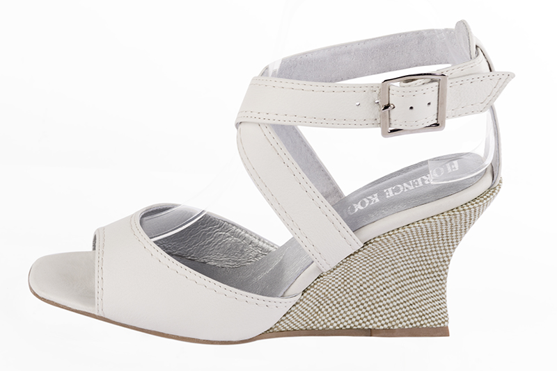 Off white women's open back sandals, with crossed straps. Square toe. High wedge heels. Profile view - Florence KOOIJMAN